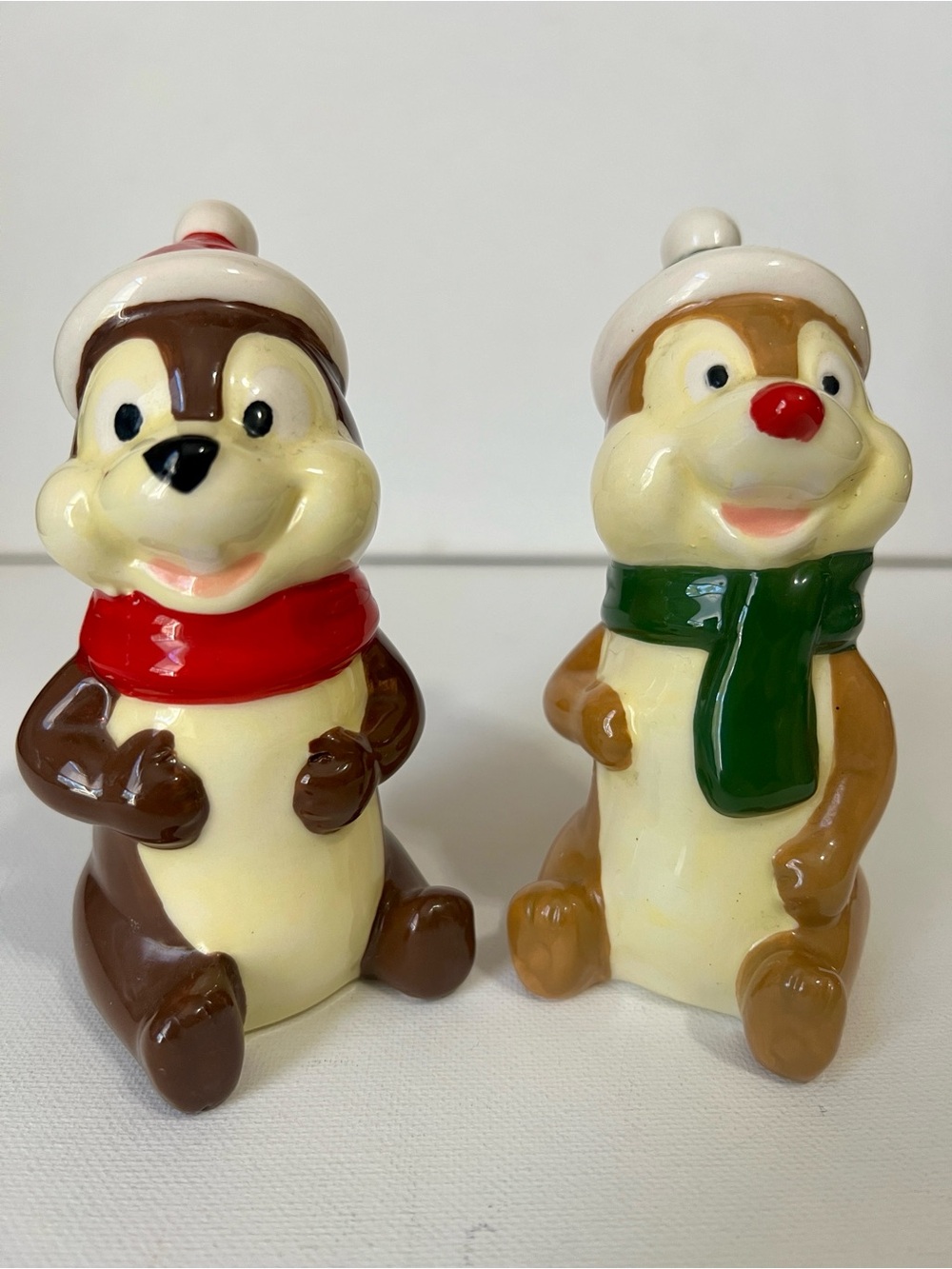 Vintage Ceramic Disney Chip and Dale Salt & Pepper Shakers - Red & Green Scarves